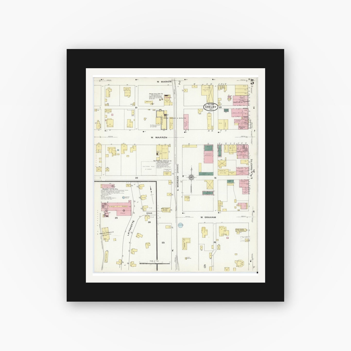 Old map wall art mockup — black gallery frame with white mat — Sanborn Fire Insurance Map from Shelby, Cleveland County, North Carolina (1909), Sheet #0005