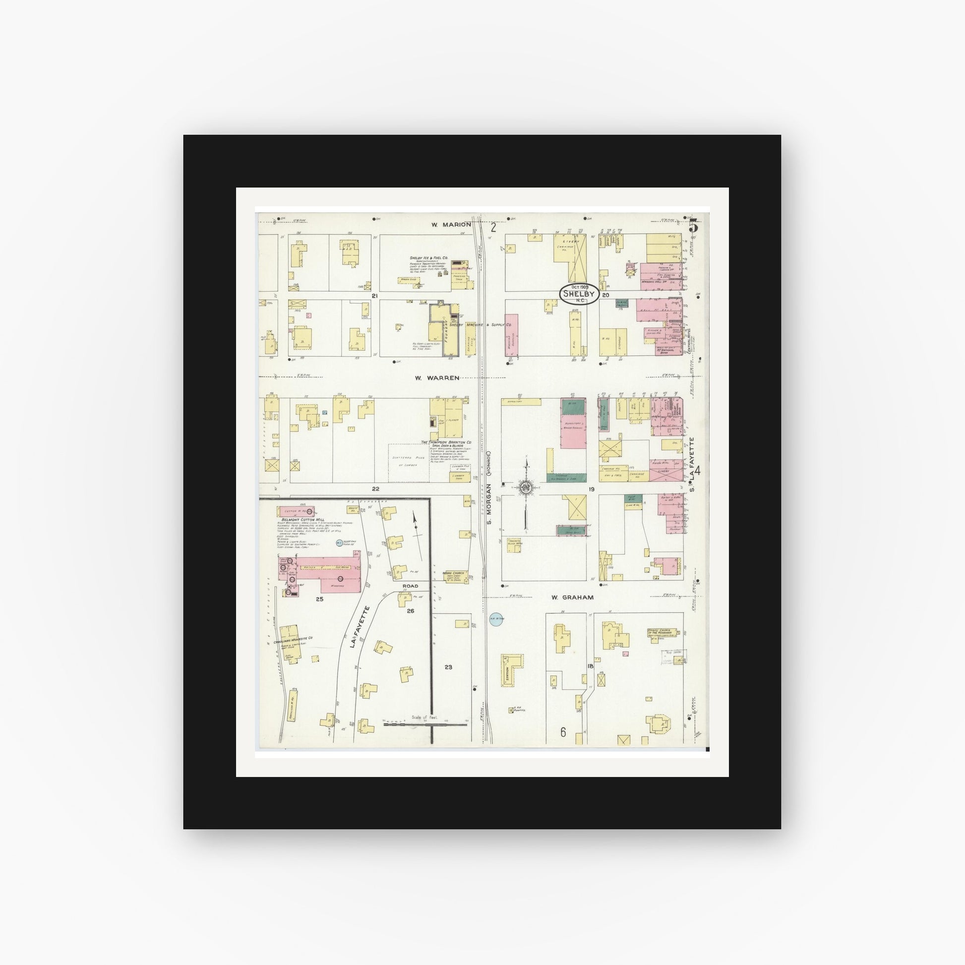Old map wall art mockup — black gallery frame with white mat — Sanborn Fire Insurance Map from Shelby, Cleveland County, North Carolina (1909), Sheet #0005
