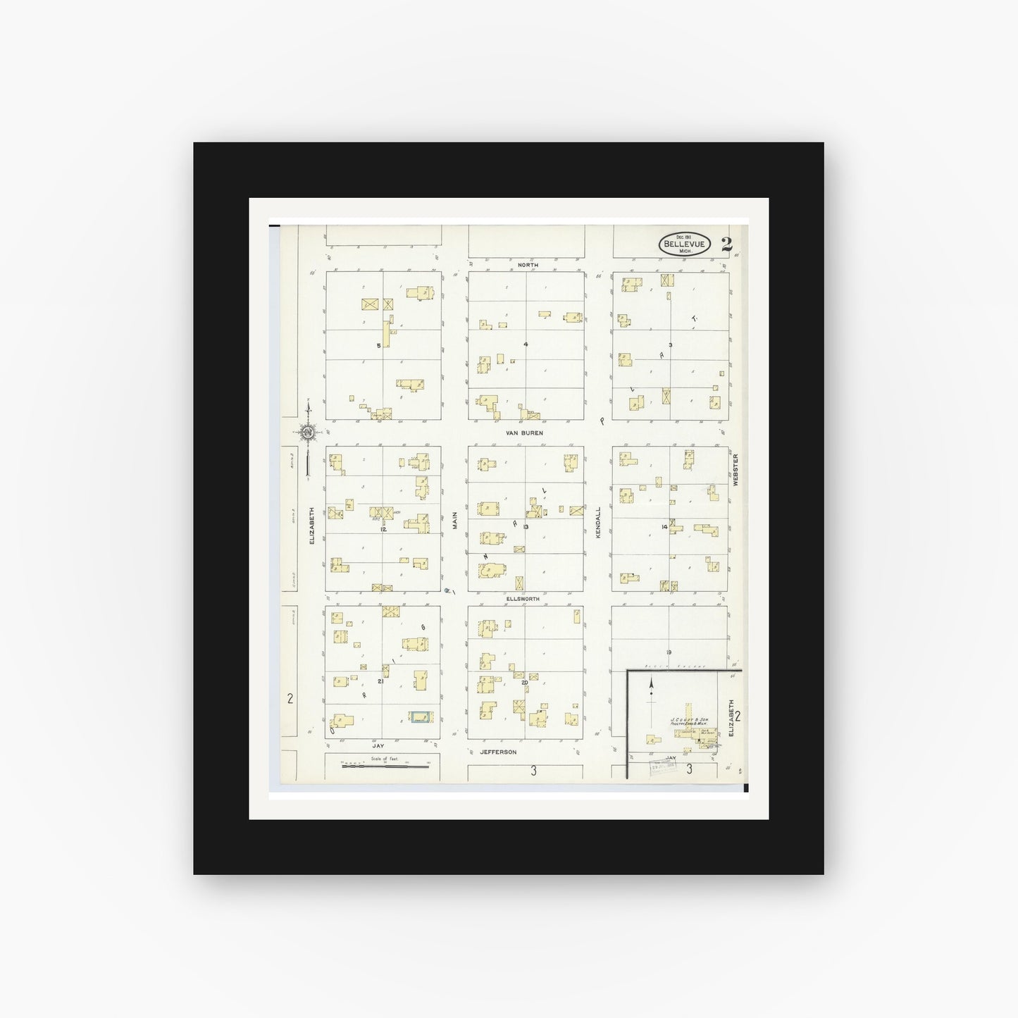 Old map wall art mockup — black gallery frame with white mat — Sanborn Fire Insurance Map from Bellevue, Eaton County, Michigan (1911), Sheet #0002