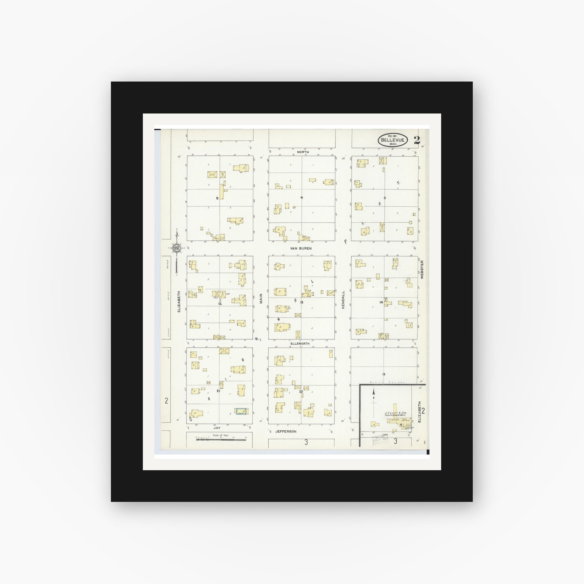 Old map wall art mockup — black gallery frame with white mat — Sanborn Fire Insurance Map from Bellevue, Eaton County, Michigan (1911), Sheet #0002
