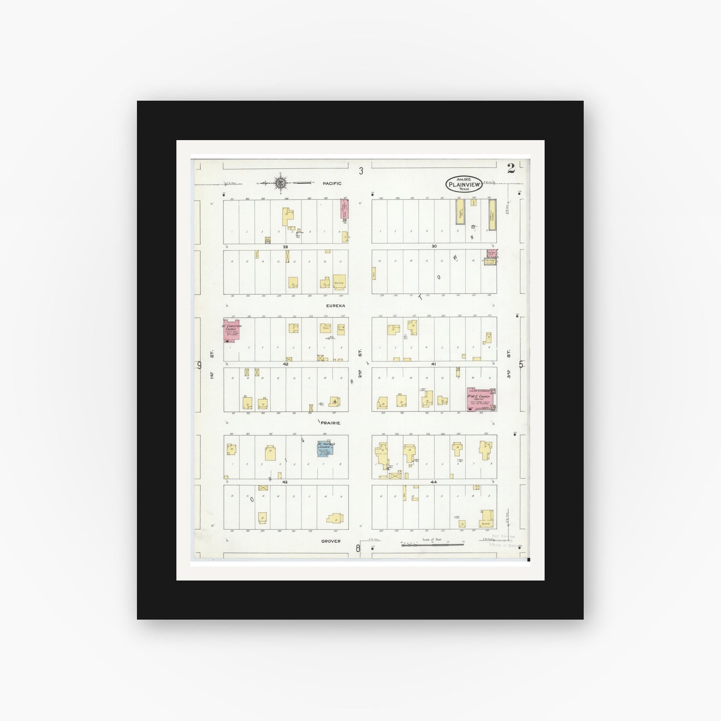 Old map wall art mockup — black gallery frame with white mat — Sanborn Fire Insurance Map from Plainview, Hale County, Texas (1910), Sheet #0002