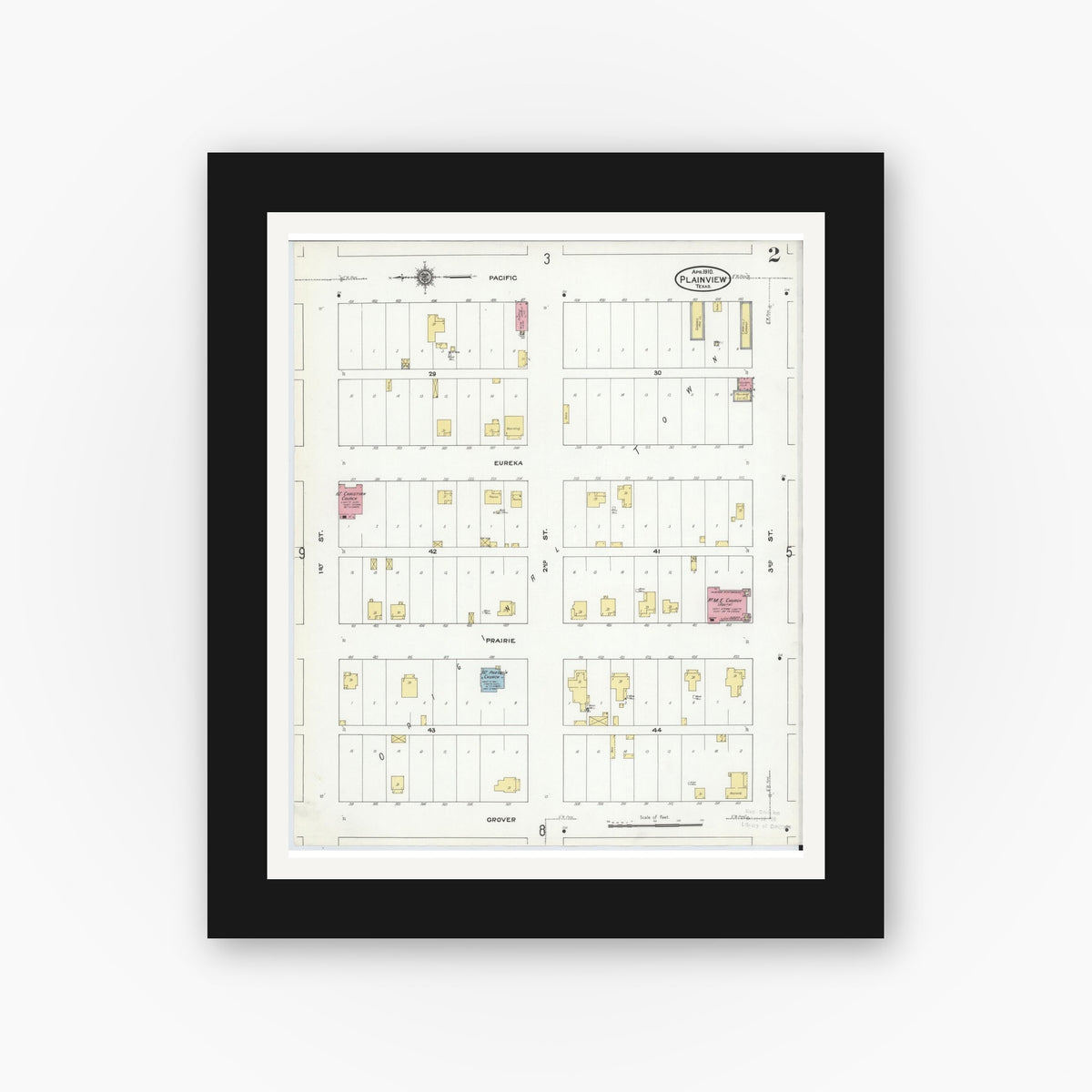 Old map wall art mockup — black gallery frame with white mat — Sanborn Fire Insurance Map from Plainview, Hale County, Texas (1910), Sheet #0002