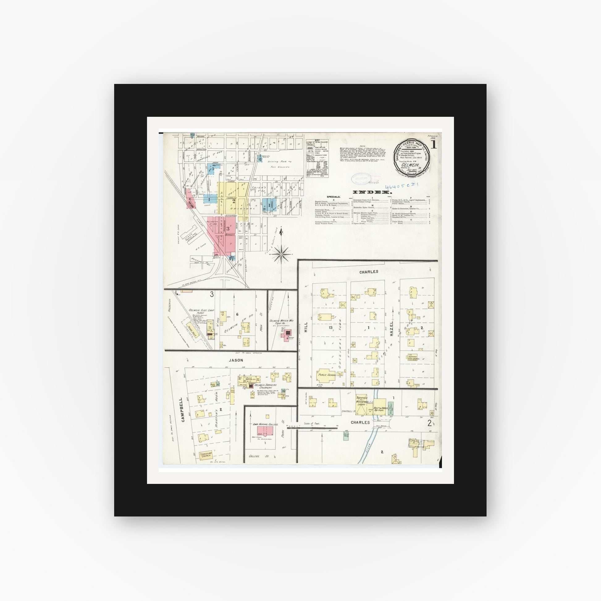 Old map wall art mockup — black gallery frame with white mat — Sanborn Fire Insurance Map from Oelwein, Fayette County, Iowa (1897) â€” Complete Set