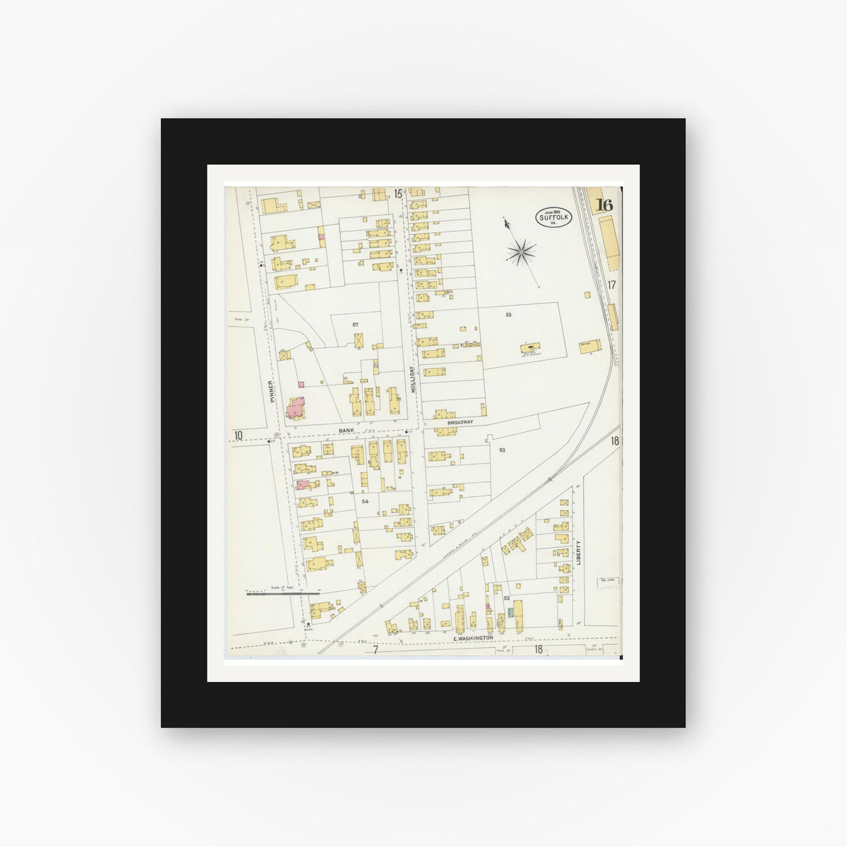 Old map wall art mockup — black gallery frame with white mat — Sanborn Fire Insurance Map from Suffolk, Independent Cities, Virginia (1903), Sheet #0016