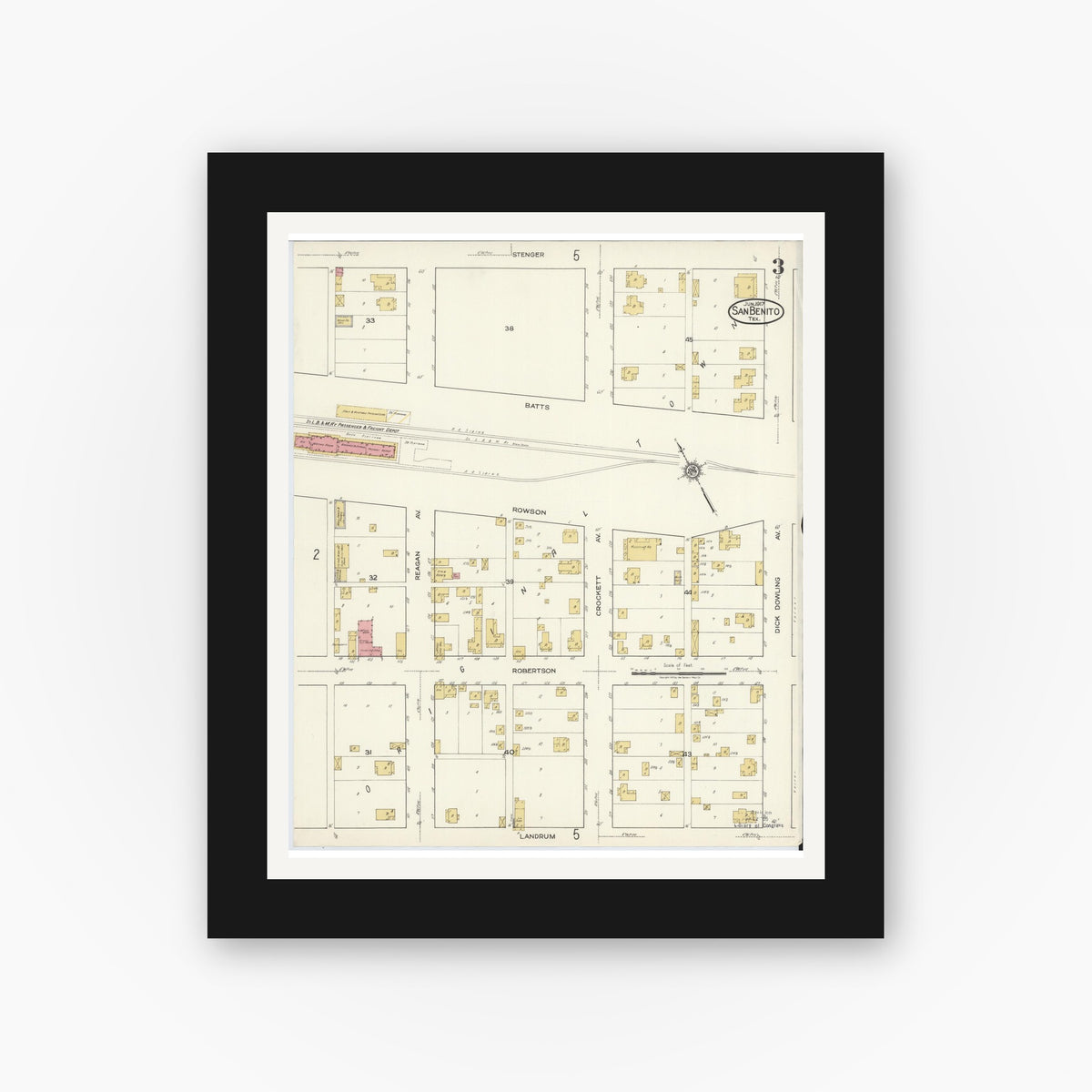 Old map wall art mockup — black gallery frame with white mat — Sanborn Fire Insurance Map from San Benito, Cameron County, Texas (1917), Sheet #0003