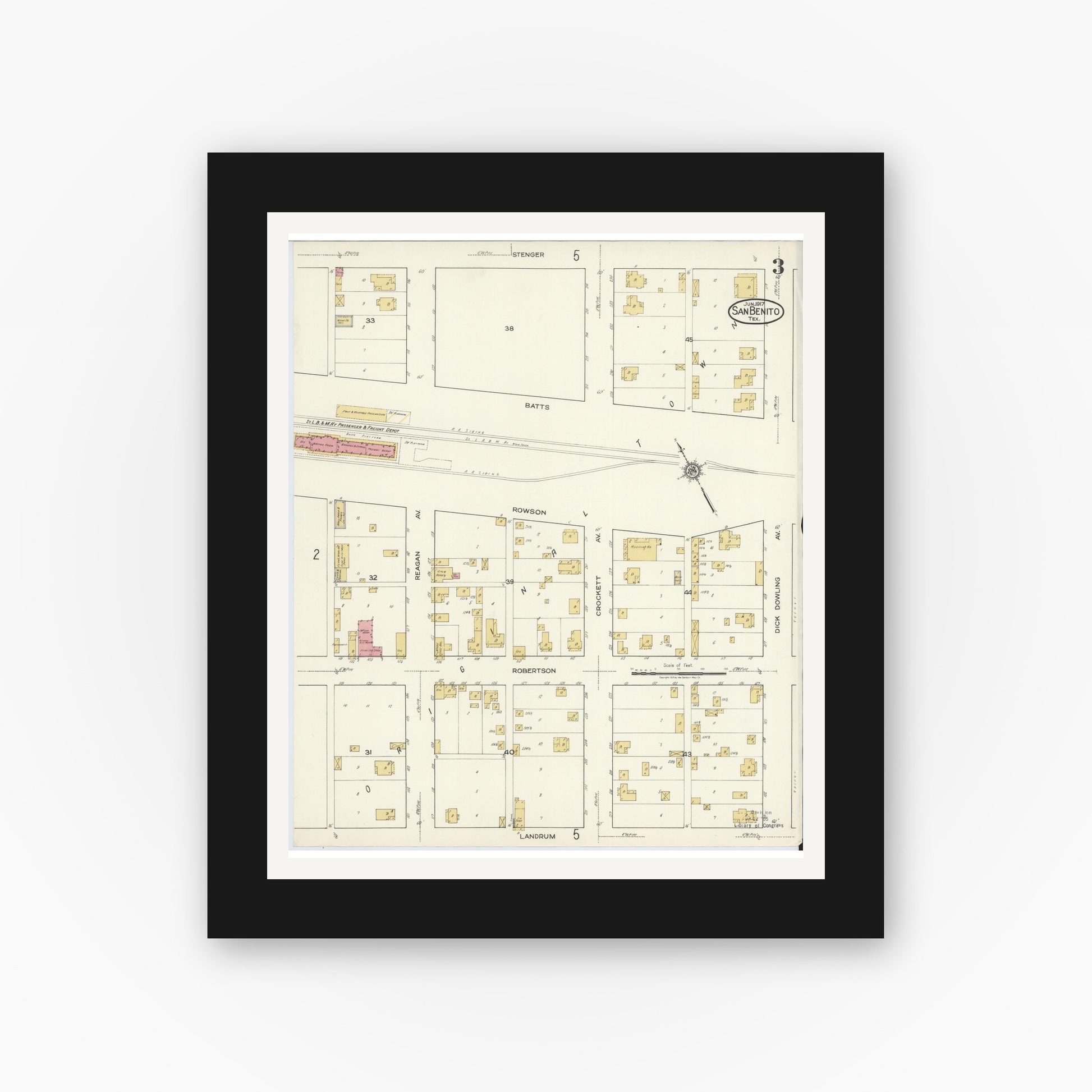 Old map wall art mockup — black gallery frame with white mat — Sanborn Fire Insurance Map from San Benito, Cameron County, Texas (1917), Sheet #0003