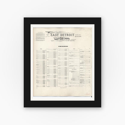 Old map wall art mockup — black gallery frame with white mat — Sanborn Fire Insurance Map from East Detroit, Macomb County, Michigan (1950), Sheet #0001