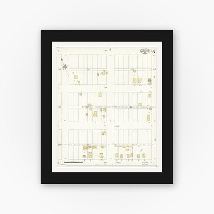 Old map wall art mockup — black gallery frame with white mat — Sanborn Fire Insurance Map from Merced, Merced County, California (1907), Sheet #0006