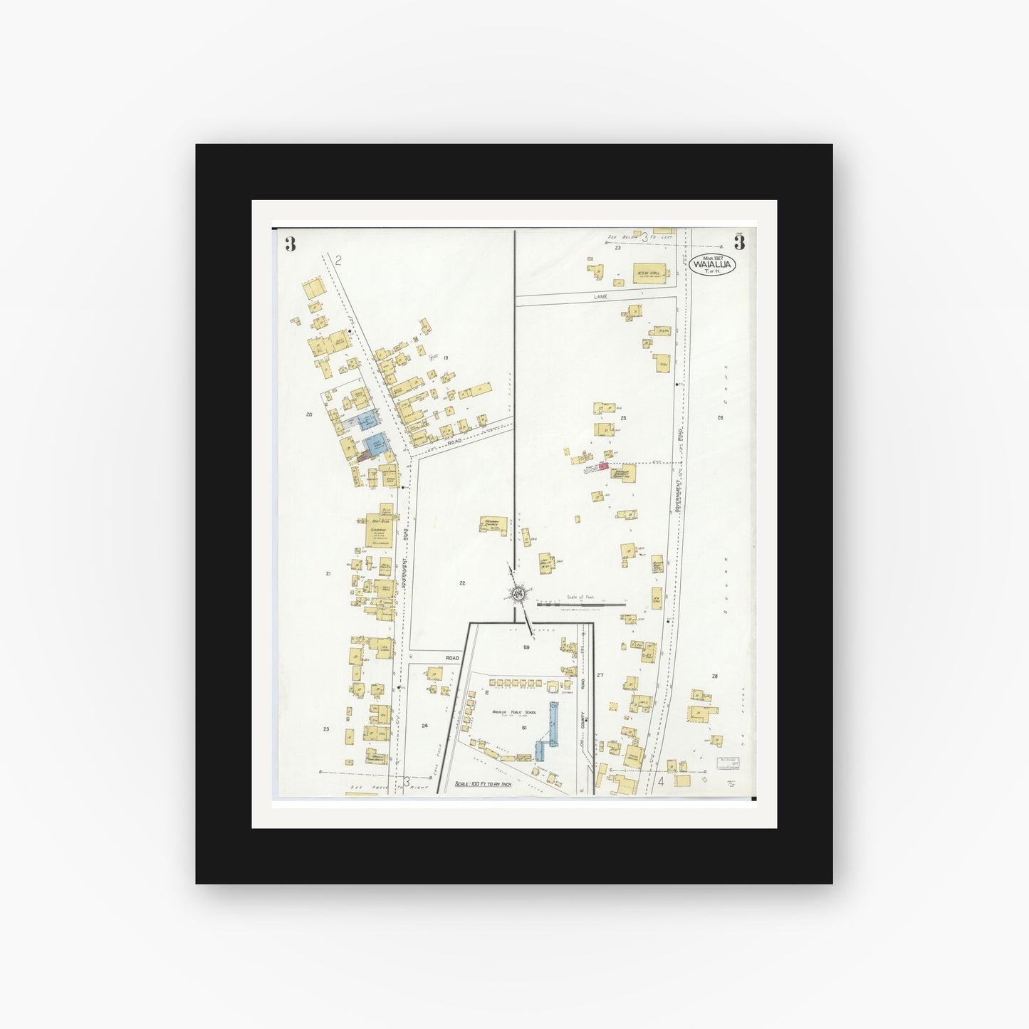 Old map wall art mockup — black gallery frame with white mat — Sanborn Fire Insurance Map from Waialua, Honolulu County, Hawaii (1927), Sheet #0003