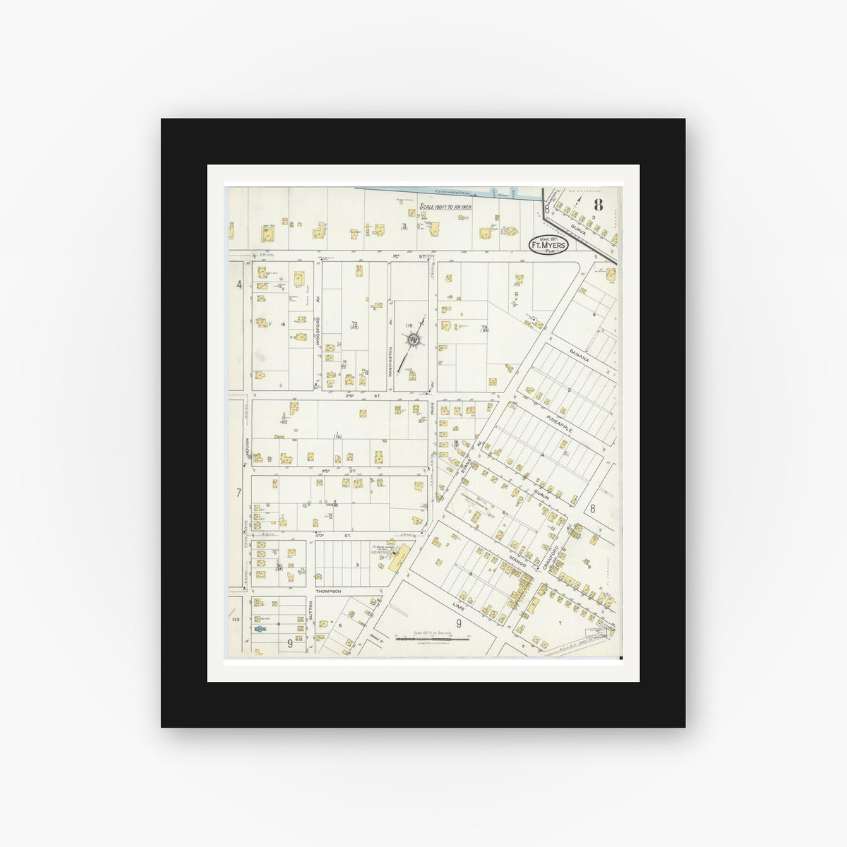 Old map wall art mockup — black gallery frame with white mat — Sanborn Fire Insurance Map from Fort Myers, Lee County, Florida (1917), Sheet #0008