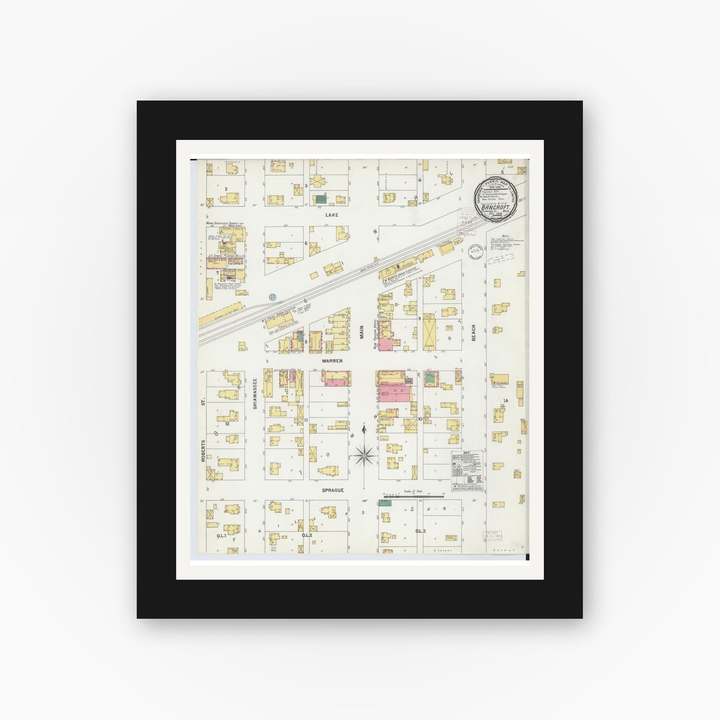 Old map wall art mockup — black gallery frame with white mat — Sanborn Fire Insurance Map from Bancroft, Shiawassee County, Michigan (1899), Sheet #0001
