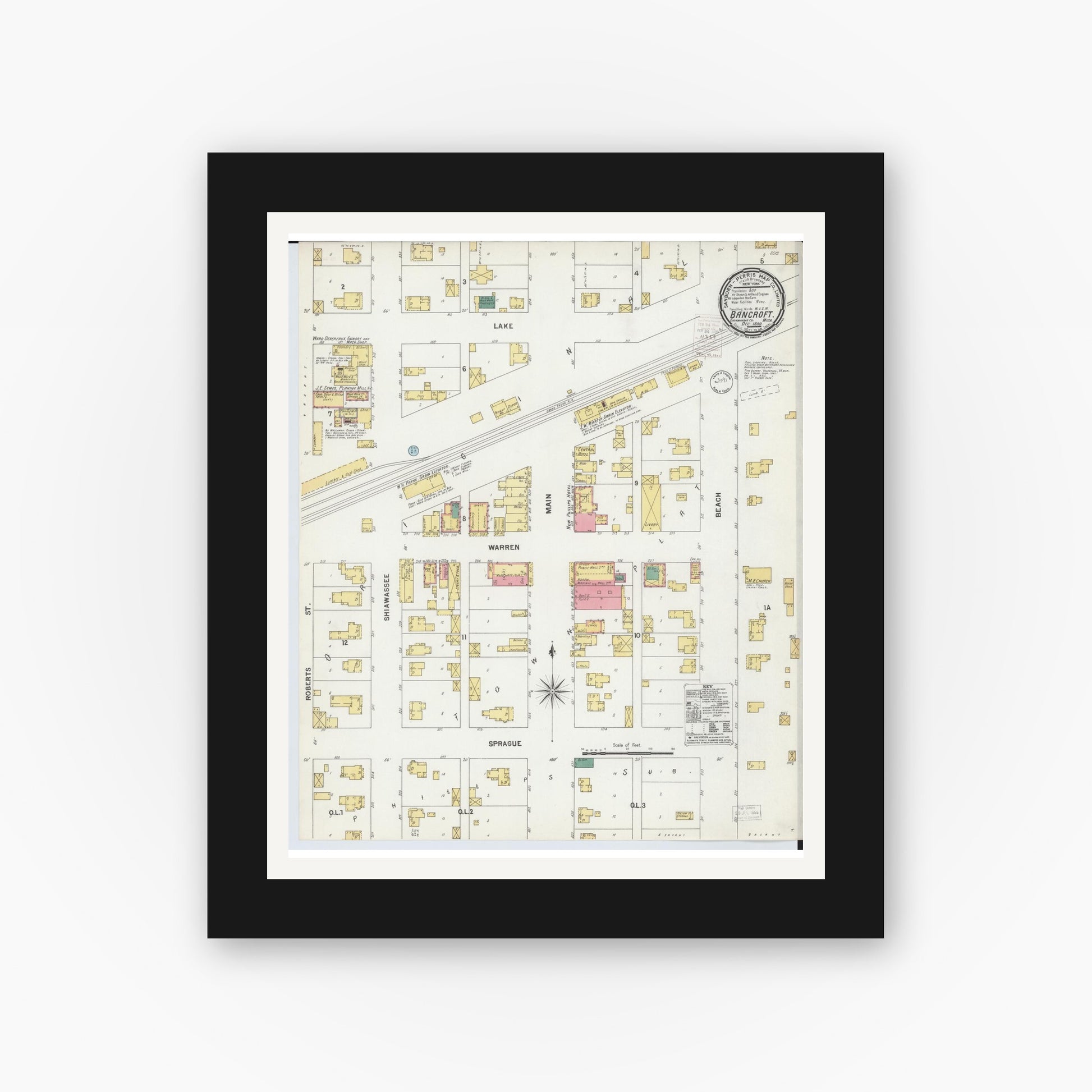 Old map wall art mockup — black gallery frame with white mat — Sanborn Fire Insurance Map from Bancroft, Shiawassee County, Michigan (1899), Sheet #0001