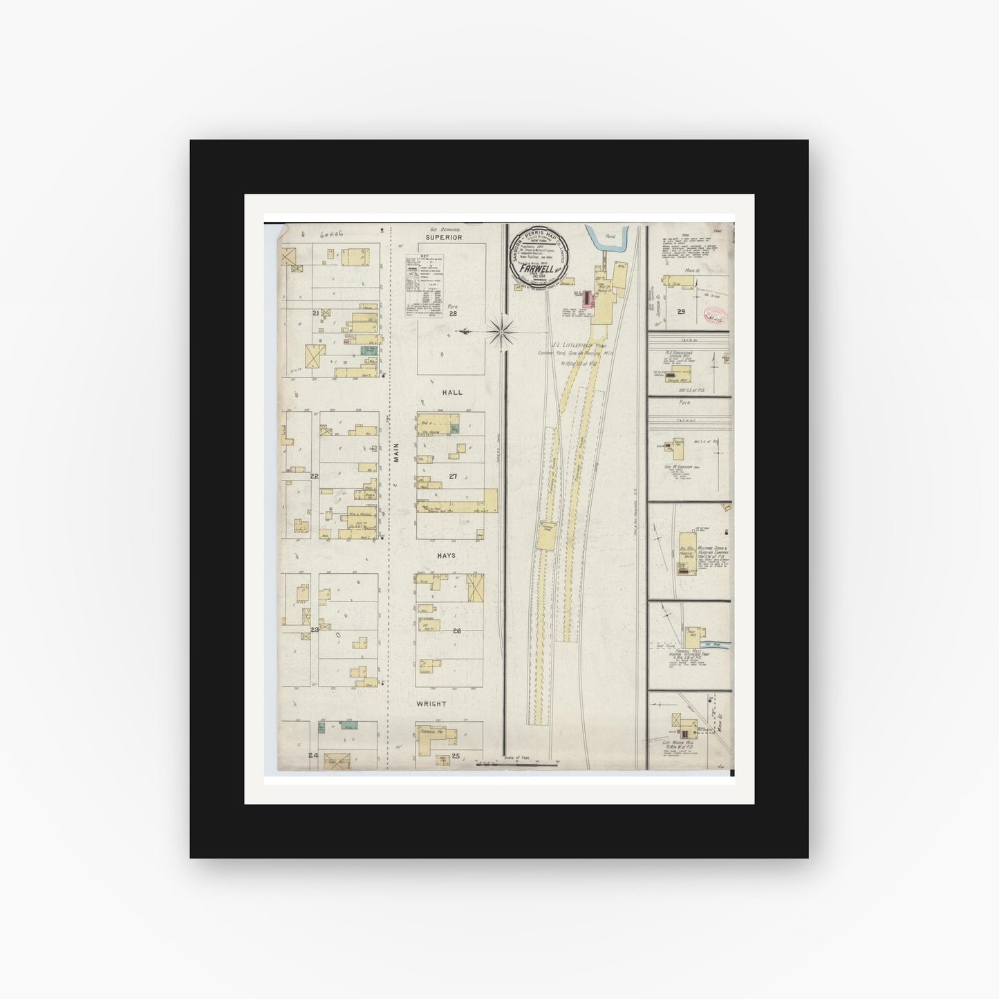 Old map wall art mockup — black gallery frame with white mat — Sanborn Fire Insurance Map from Farwell, Clare County, Michigan (1894), Sheet #0001