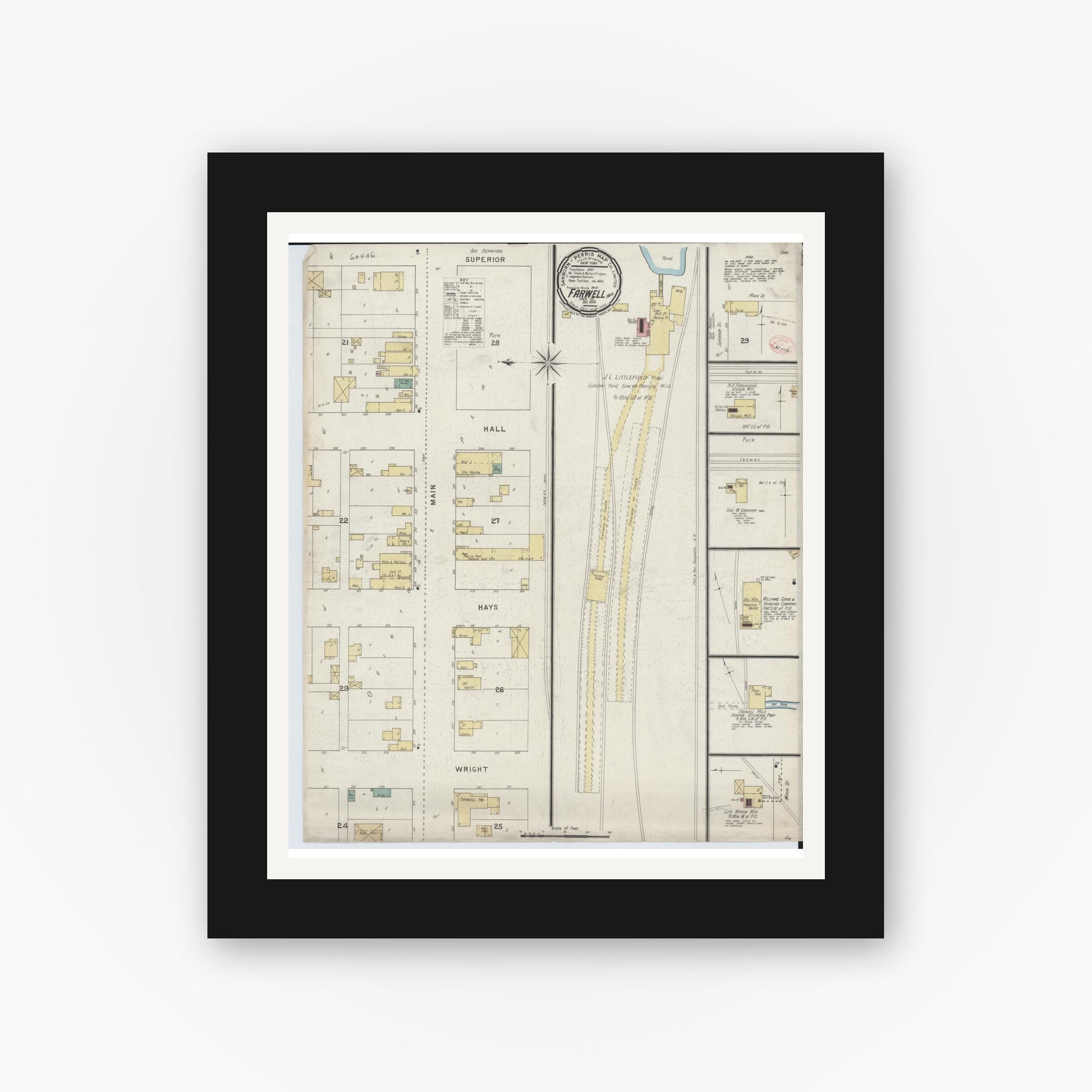 Old map wall art mockup — black gallery frame with white mat — Sanborn Fire Insurance Map from Farwell, Clare County, Michigan (1894), Sheet #0001