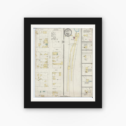 Old map wall art mockup — black gallery frame with white mat — Sanborn Fire Insurance Map from Farwell, Clare County, Michigan (1894), Sheet #0001