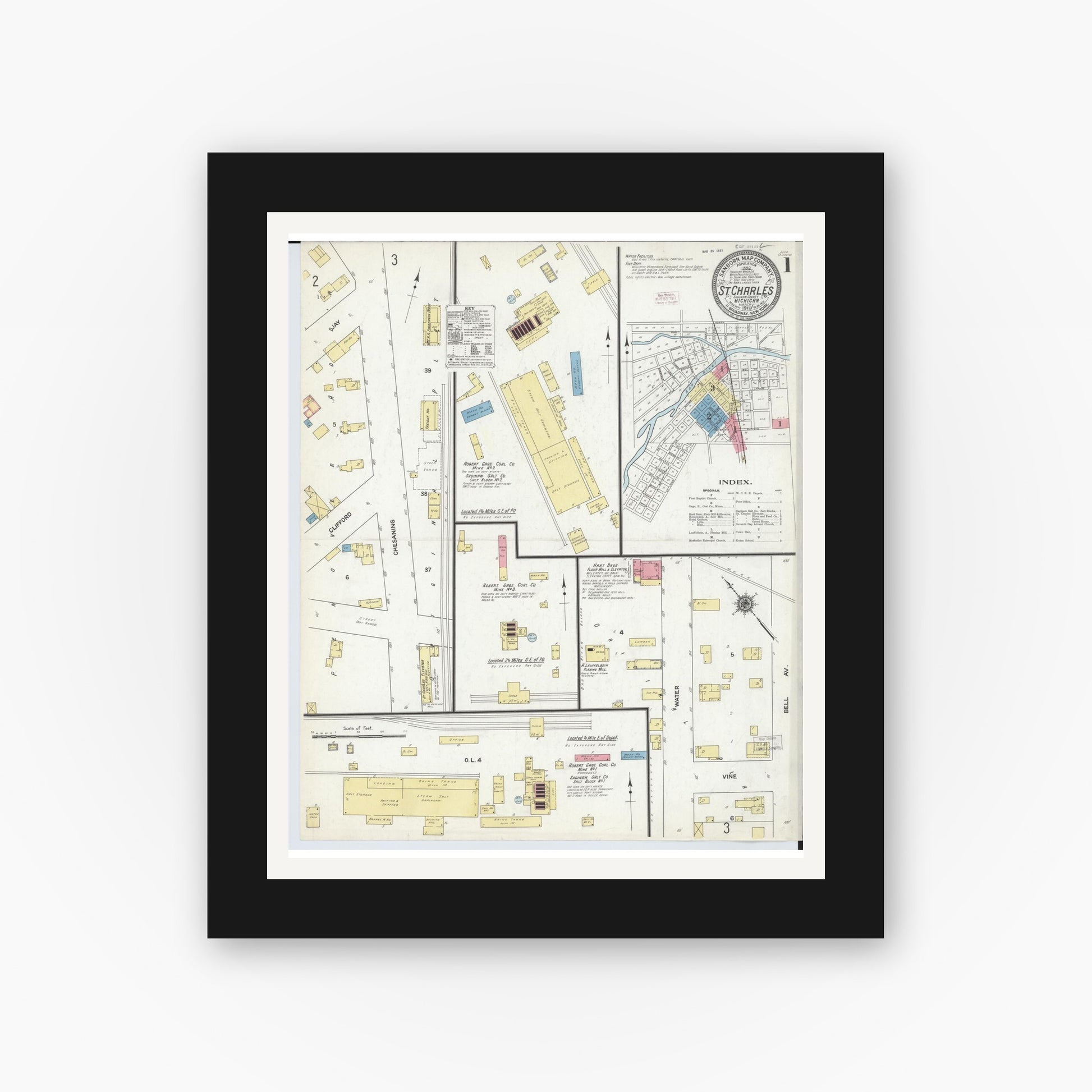 Old map wall art mockup — black gallery frame with white mat — Sanborn Fire Insurance Map from Saint Charles, Saginaw County, Michigan (1911) - Complete Map Set