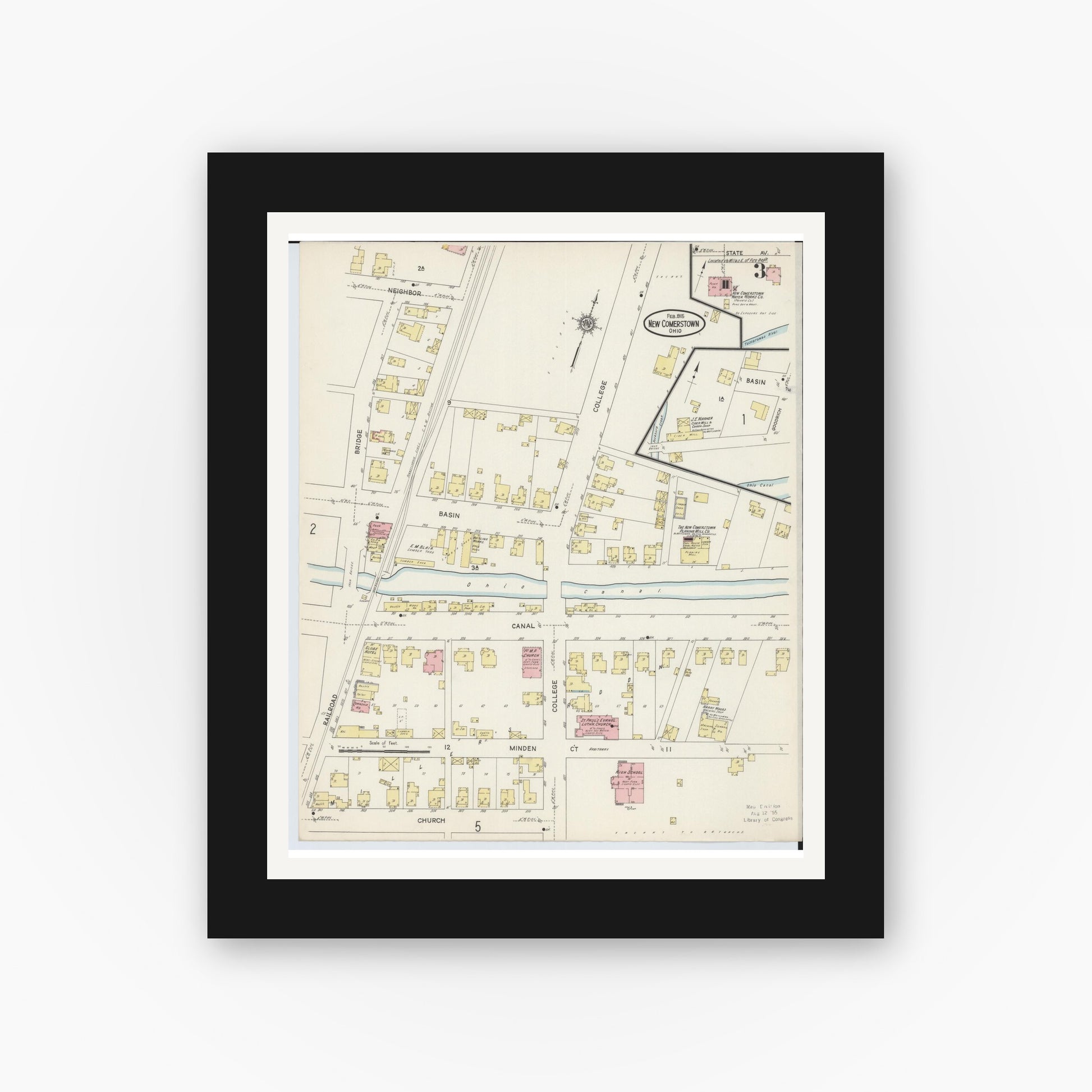 Old map wall art mockup — black gallery frame with white mat — Sanborn Fire Insurance Map from Newcomerstown, Tuscarawas County, Ohio (1915), Sheet #0003