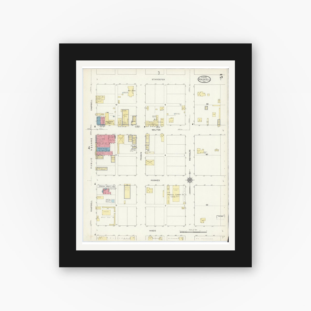 Old map wall art mockup — black gallery frame with white mat — Sanborn Fire Insurance Map from Haskell, Haskell County, Texas (1913), Sheet #0005