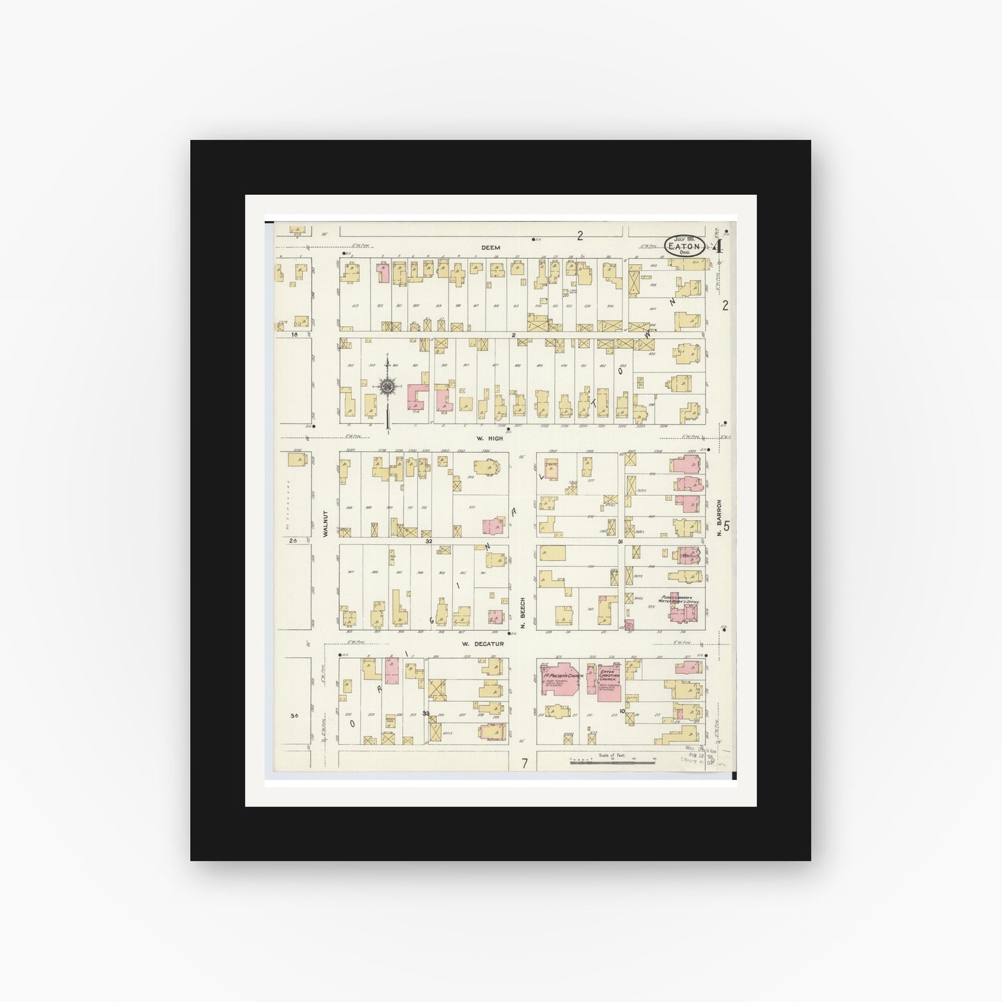 Old map wall art mockup — black gallery frame with white mat — Sanborn Fire Insurance Map from Eaton, Preble County, Ohio (1911), Sheet #0004