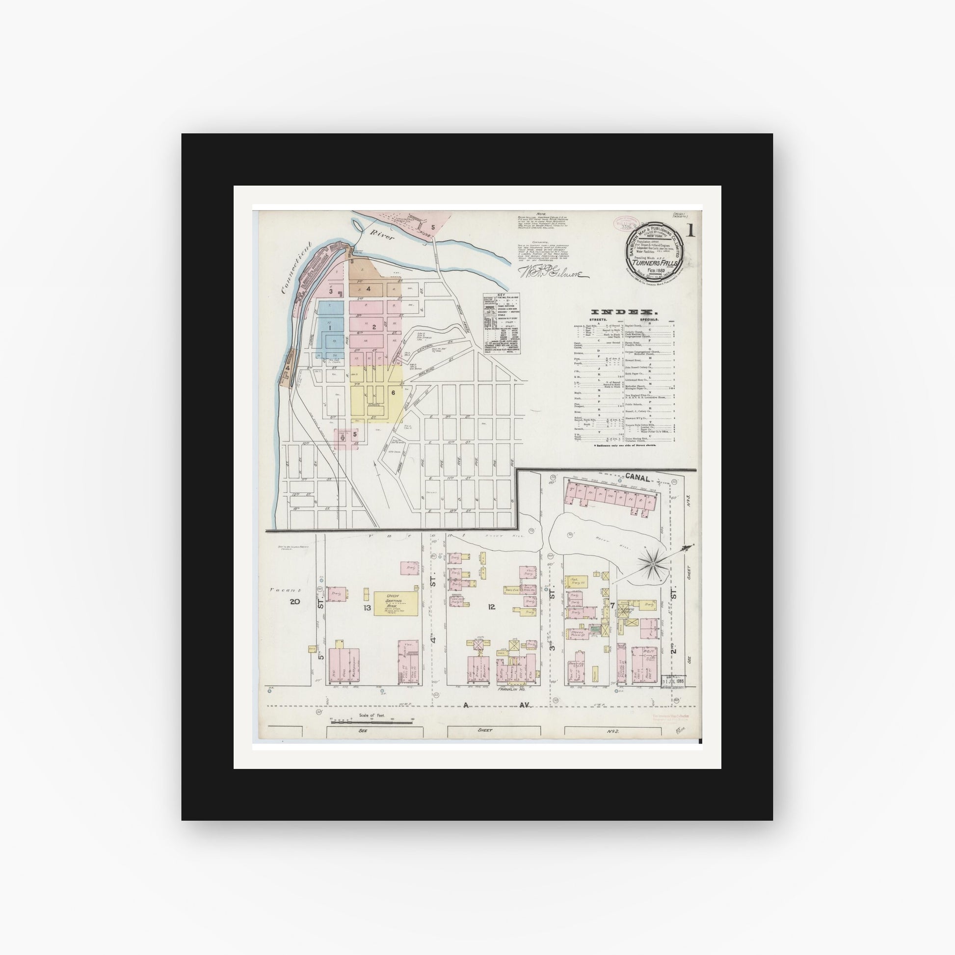 Old map wall art mockup — black gallery frame with white mat — Sanborn Fire Insurance Map from Turners Falls, Franklin County, Massachusetts (1889), Sheet #0001