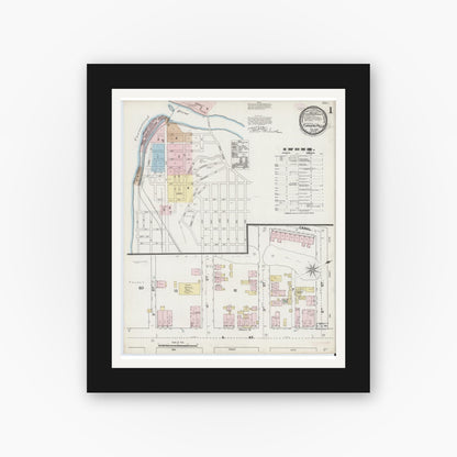 Old map wall art mockup — black gallery frame with white mat — Sanborn Fire Insurance Map from Turners Falls, Franklin County, Massachusetts (1889), Sheet #0001