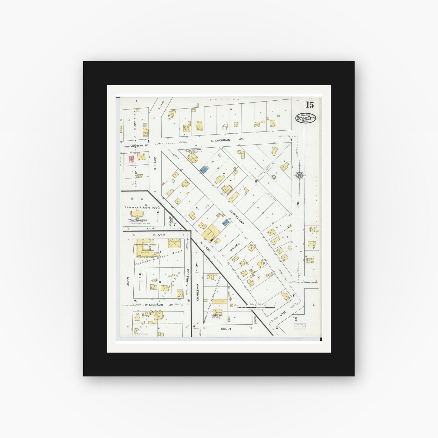 Old map wall art mockup — black gallery frame with white mat — Sanborn Fire Insurance Map from Boyne City, Charlevoix County, Michigan (1919), Sheet #0015