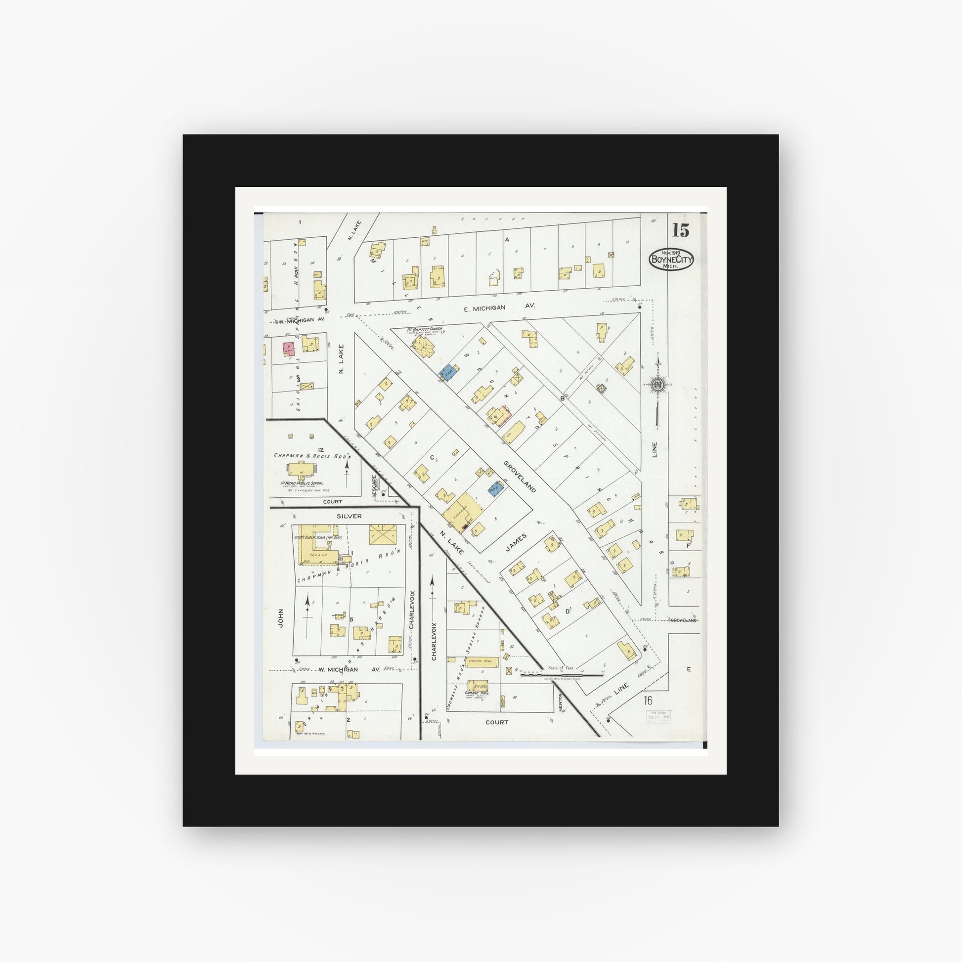 Old map wall art mockup — black gallery frame with white mat — Sanborn Fire Insurance Map from Boyne City, Charlevoix County, Michigan (1919), Sheet #0015