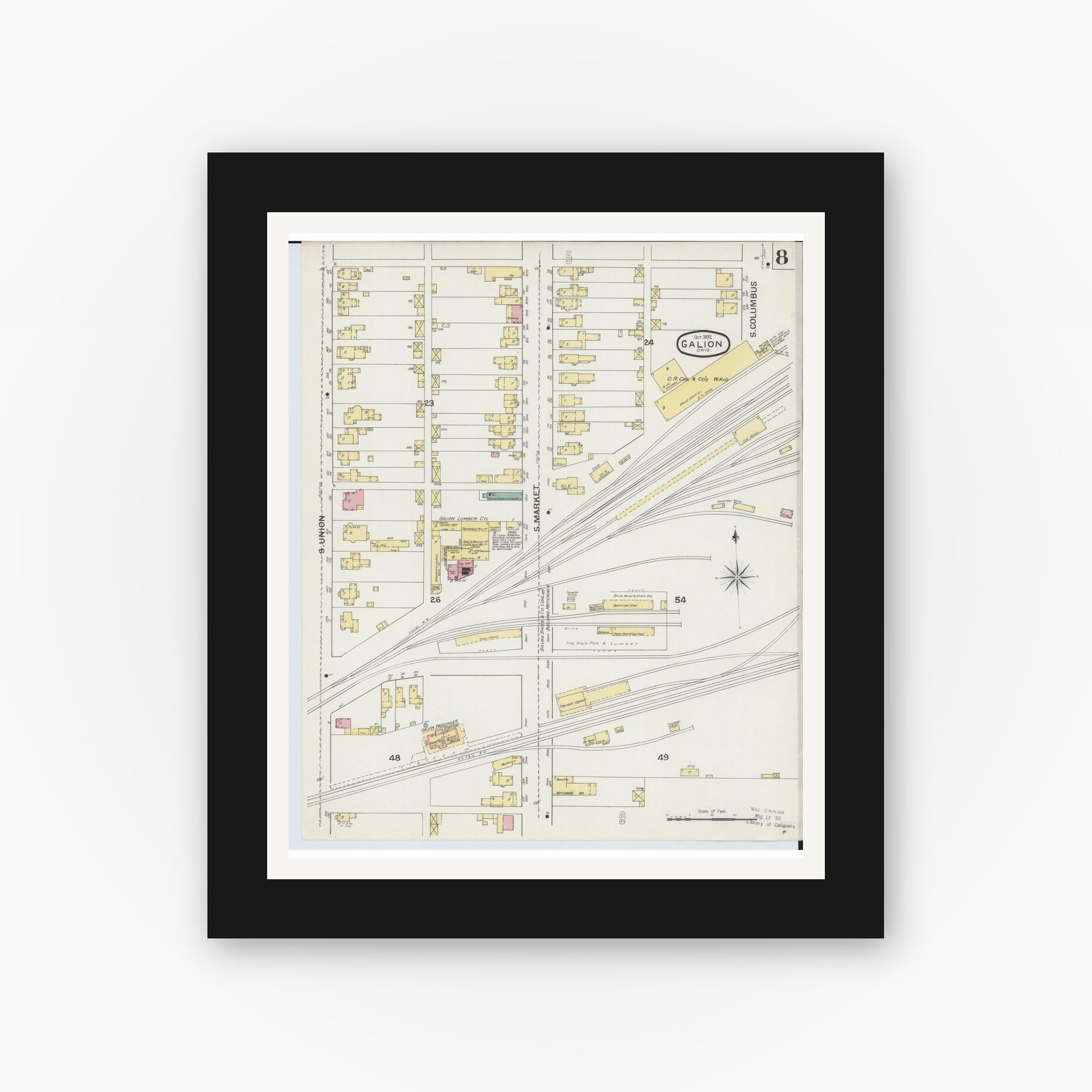 Old map wall art mockup — black gallery frame with white mat — Sanborn Fire Insurance Map from Galion, Crawford County, Ohio (1892), Sheet #0008