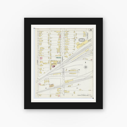 Old map wall art mockup — black gallery frame with white mat — Sanborn Fire Insurance Map from Galion, Crawford County, Ohio (1892), Sheet #0008