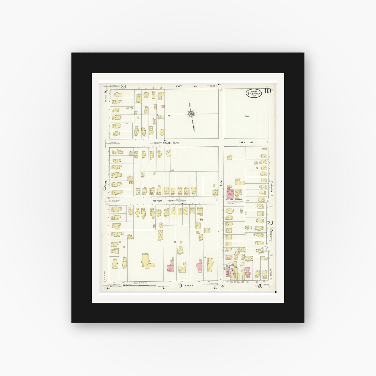 Old map wall art mockup — black gallery frame with white mat — Sanborn Fire Insurance Map from Batavia, Genesee County, New York (1912), Sheet #0010