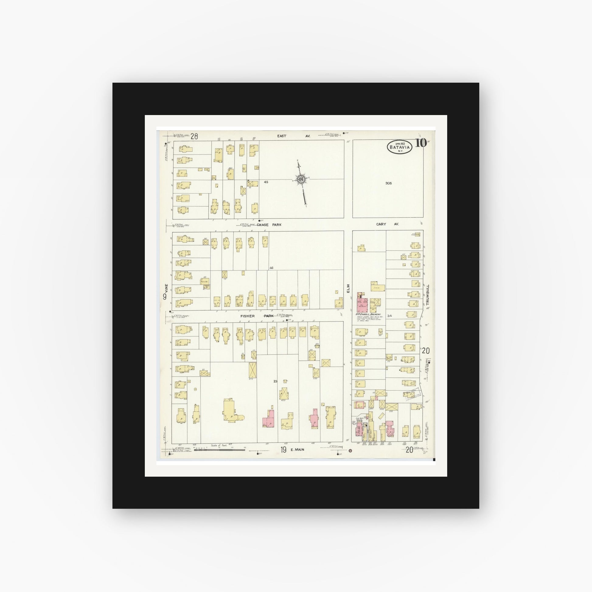 Old map wall art mockup — black gallery frame with white mat — Sanborn Fire Insurance Map from Batavia, Genesee County, New York (1912), Sheet #0010