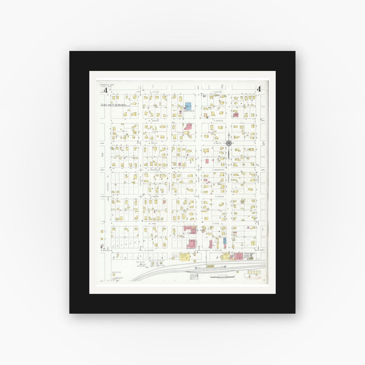Old map wall art mockup — black gallery frame with white mat — Sanborn Fire Insurance Map from Marengo, Iowa County, Iowa (1933), Sheet #0004