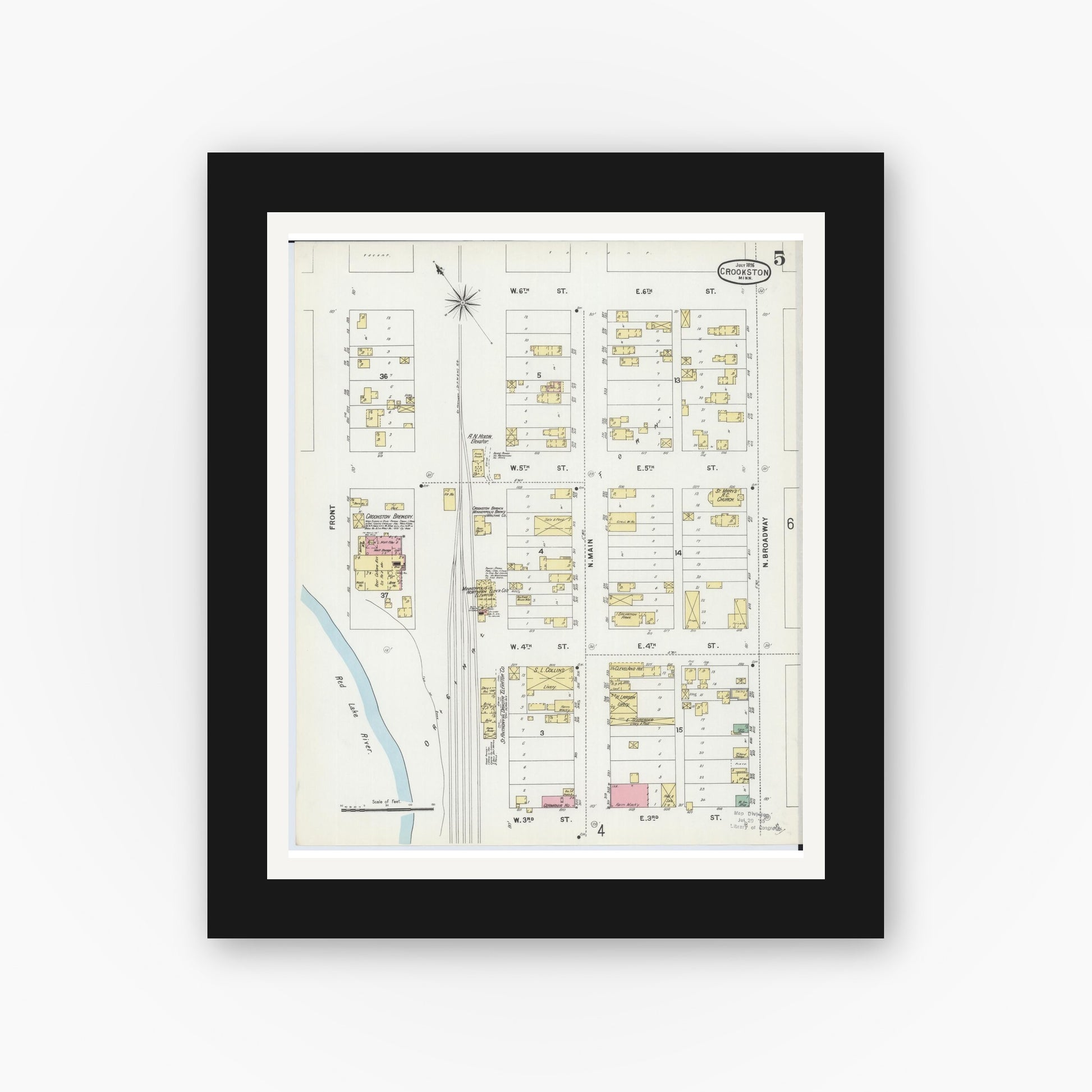 Old map wall art mockup — black gallery frame with white mat — Sanborn Fire Insurance Map from Crookston, Polk County, Minnesota (1896), Sheet #0005