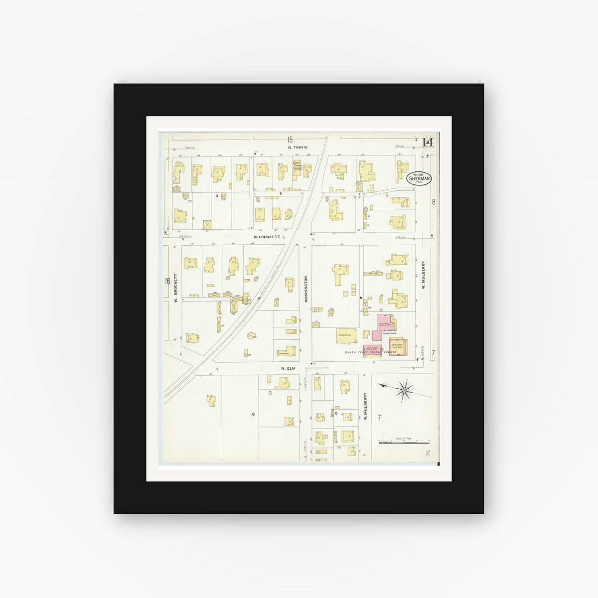 Old map wall art mockup — black gallery frame with white mat — Sanborn Fire Insurance Map from Sherman, Grayson County, Texas (1908), Sheet #0014