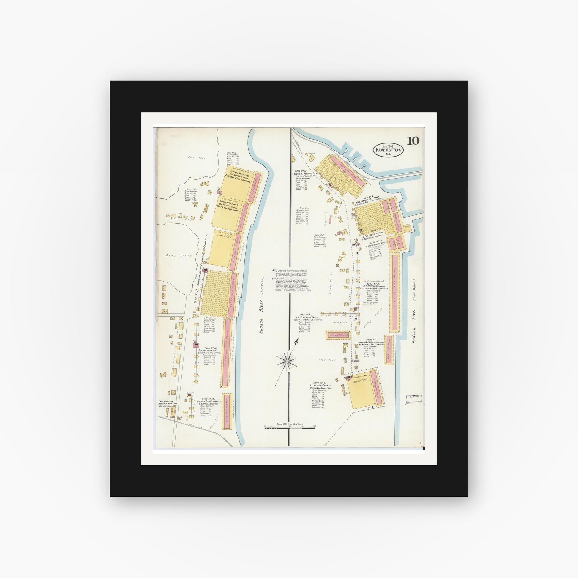 Old map wall art mockup — black gallery frame with white mat — Sanborn Fire Insurance Map from Haverstraw, Rockland County, New York (1903), Sheet #0010
