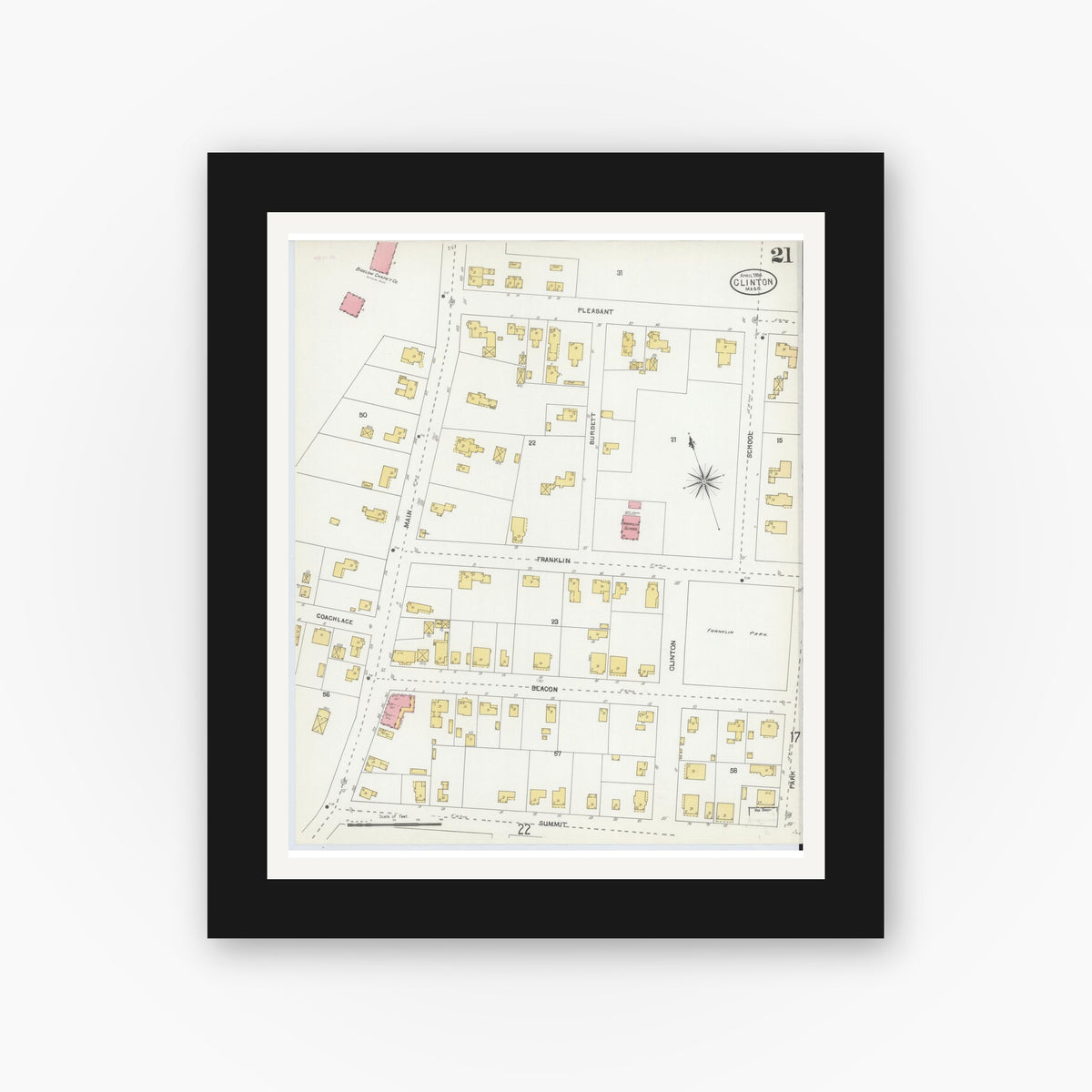 Old map wall art mockup — black gallery frame with white mat — Sanborn Fire Insurance Map from Clinton, Worcester County, Massachusetts (1904), Sheet #0021