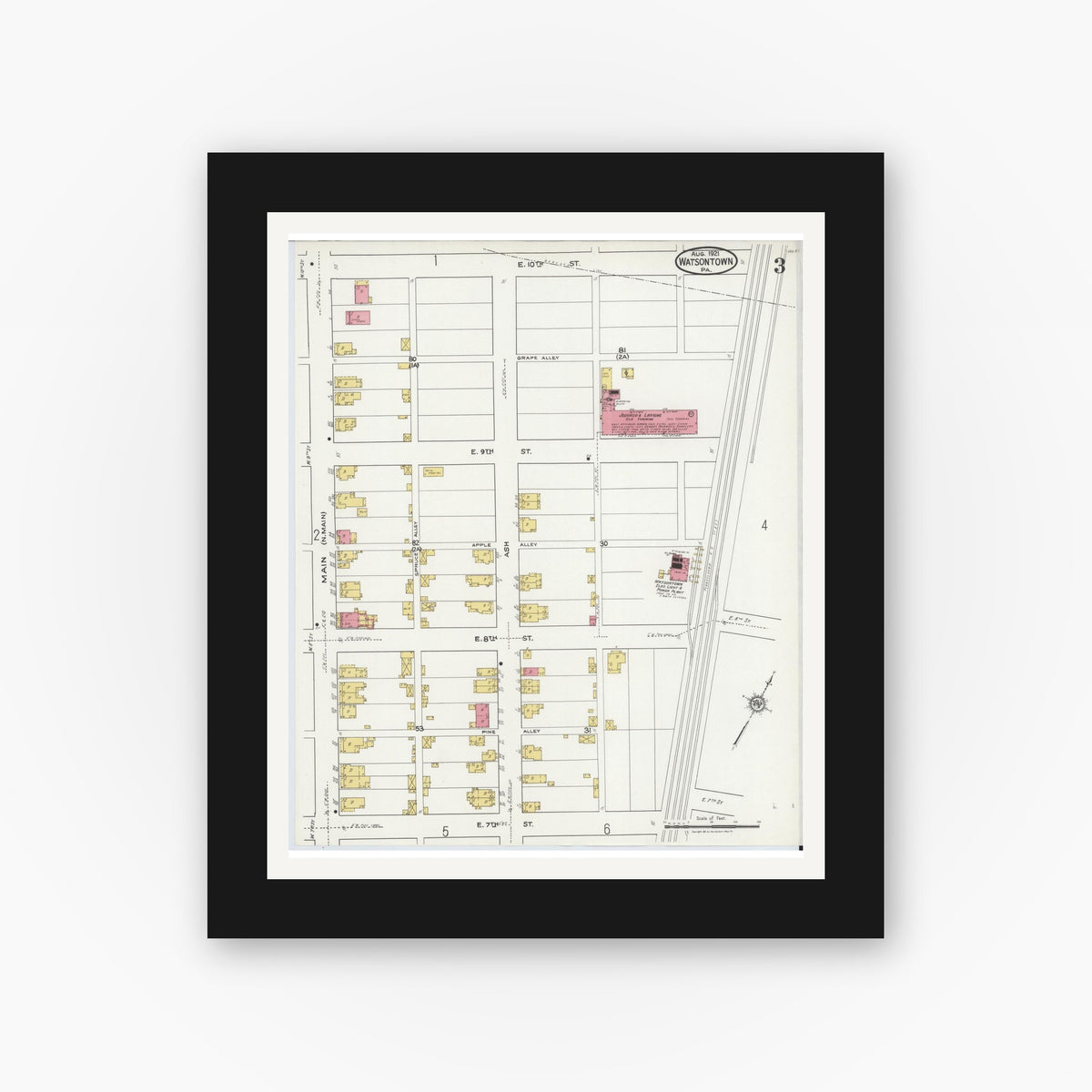 Old map wall art mockup — black gallery frame with white mat — Sanborn Fire Insurance Map from Watsontown, Northumberland County, Pennsylvania (1921), Sheet #0003