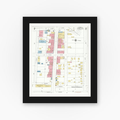 Old map wall art mockup — black gallery frame with white mat — Sanborn Fire Insurance Map from Compton, Los Angeles County, California (1925), Sheet #0007