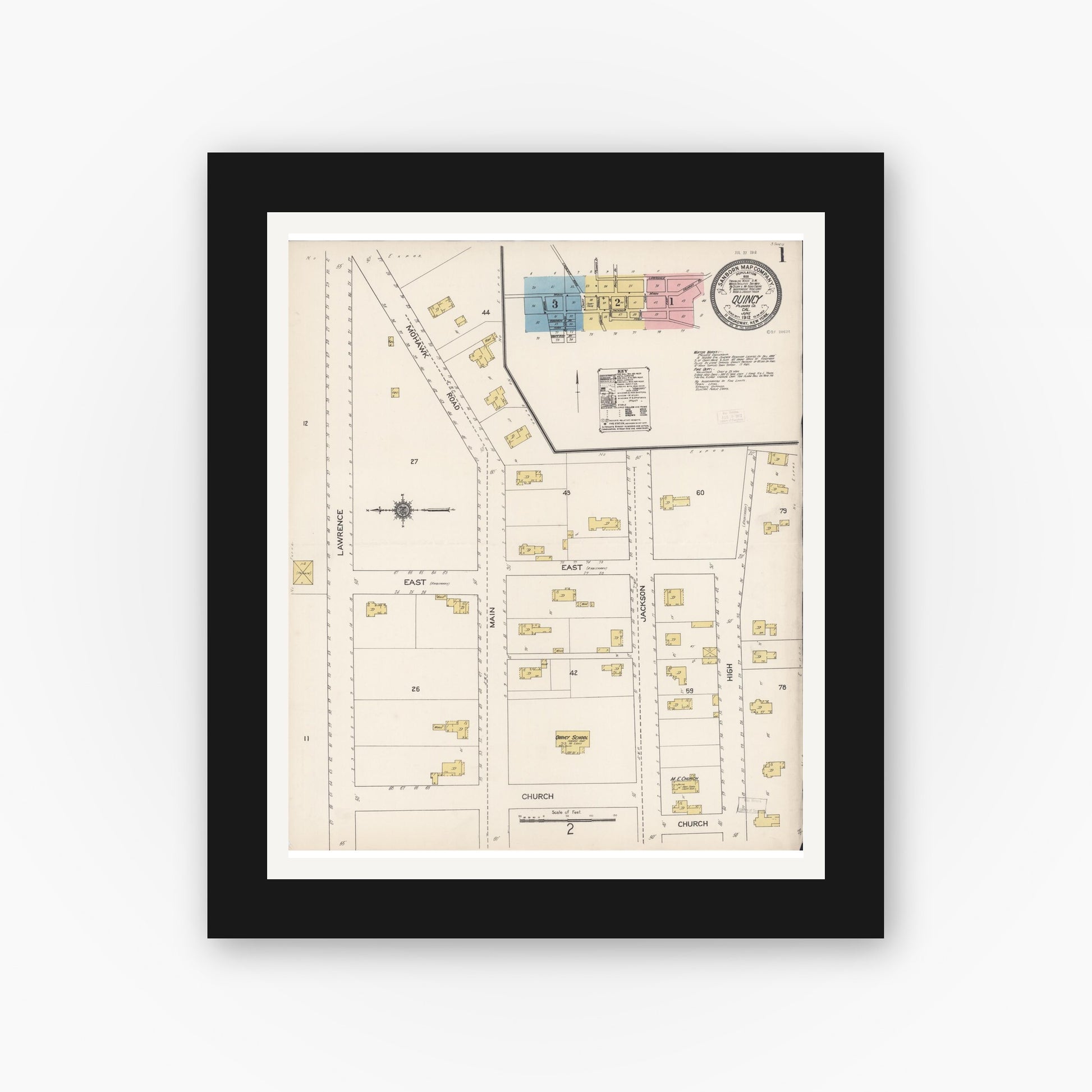 Old map wall art mockup — black gallery frame with white mat — Sanborn Fire Insurance Map from Quincy, Plumas County, California (1912) - Complete Map Set