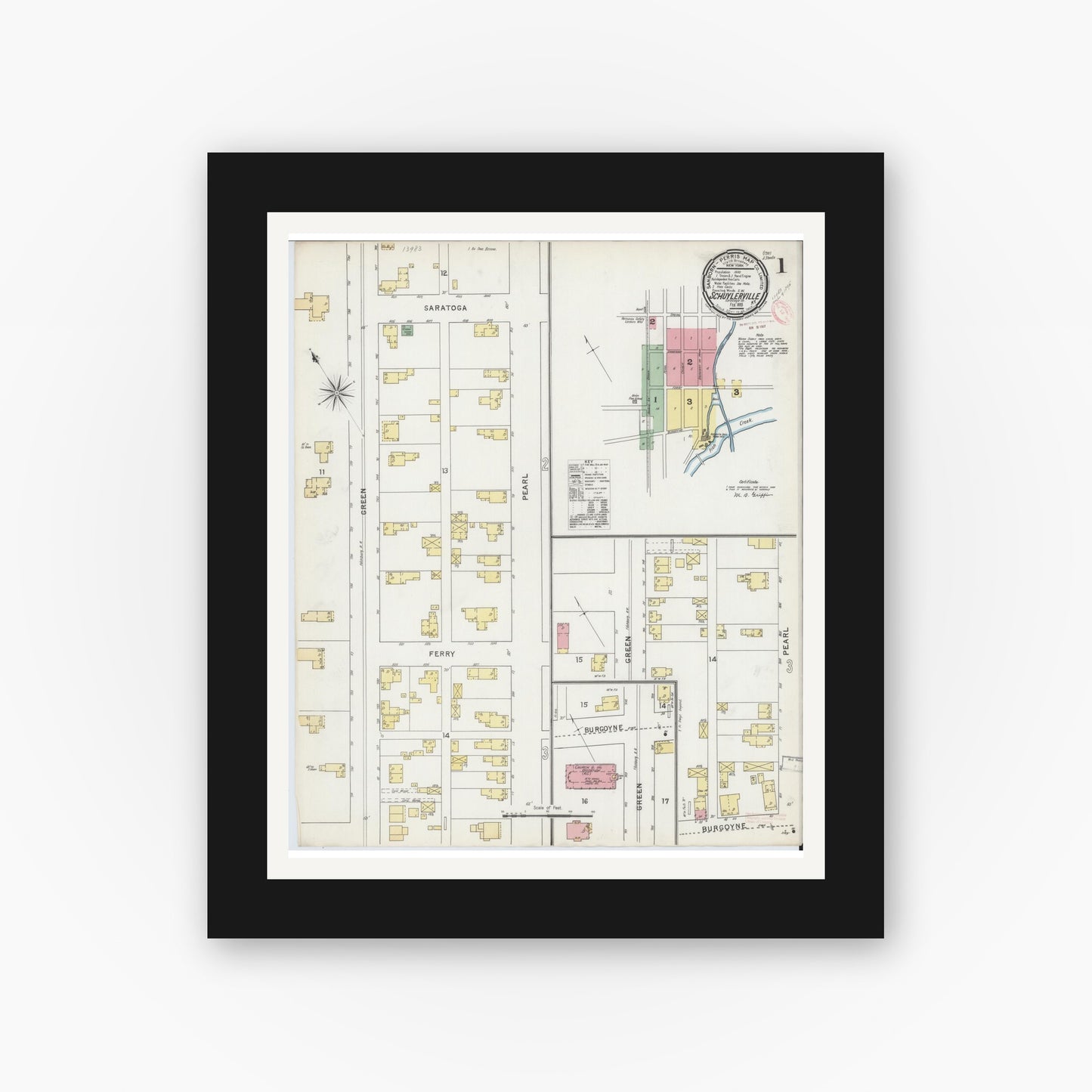 Old map wall art mockup — black gallery frame with white mat — Sanborn Fire Insurance Map from Schuylerville, Saratoga County, New York (1895) - Complete Map Set