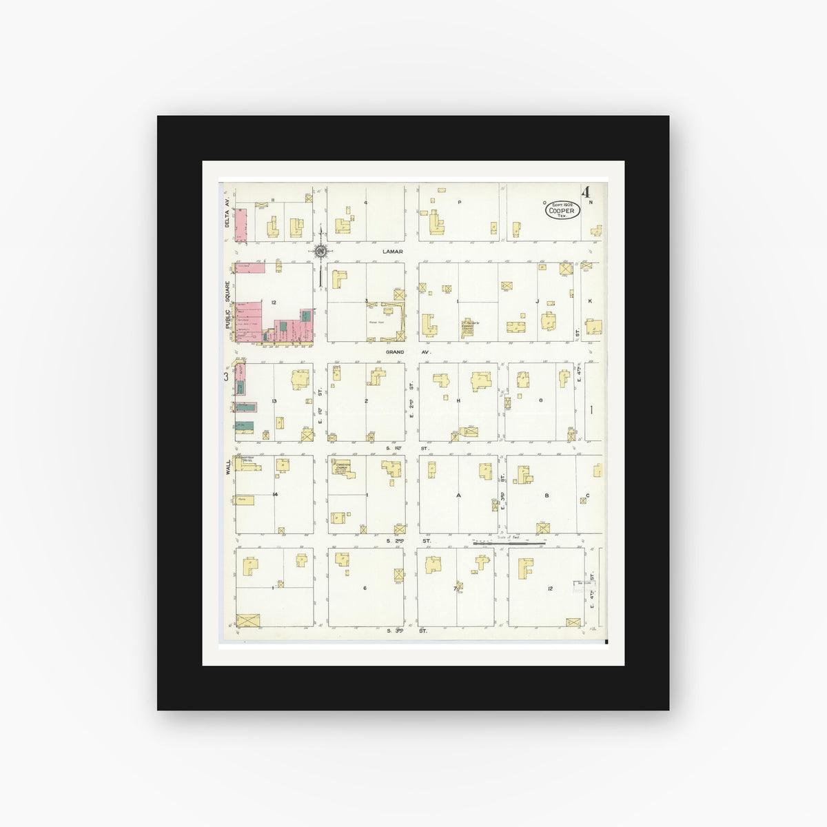 Old map wall art mockup — black gallery frame with white mat — Sanborn Fire Insurance Map from Cooper, Delta County, Texas (1909), Sheet #0004