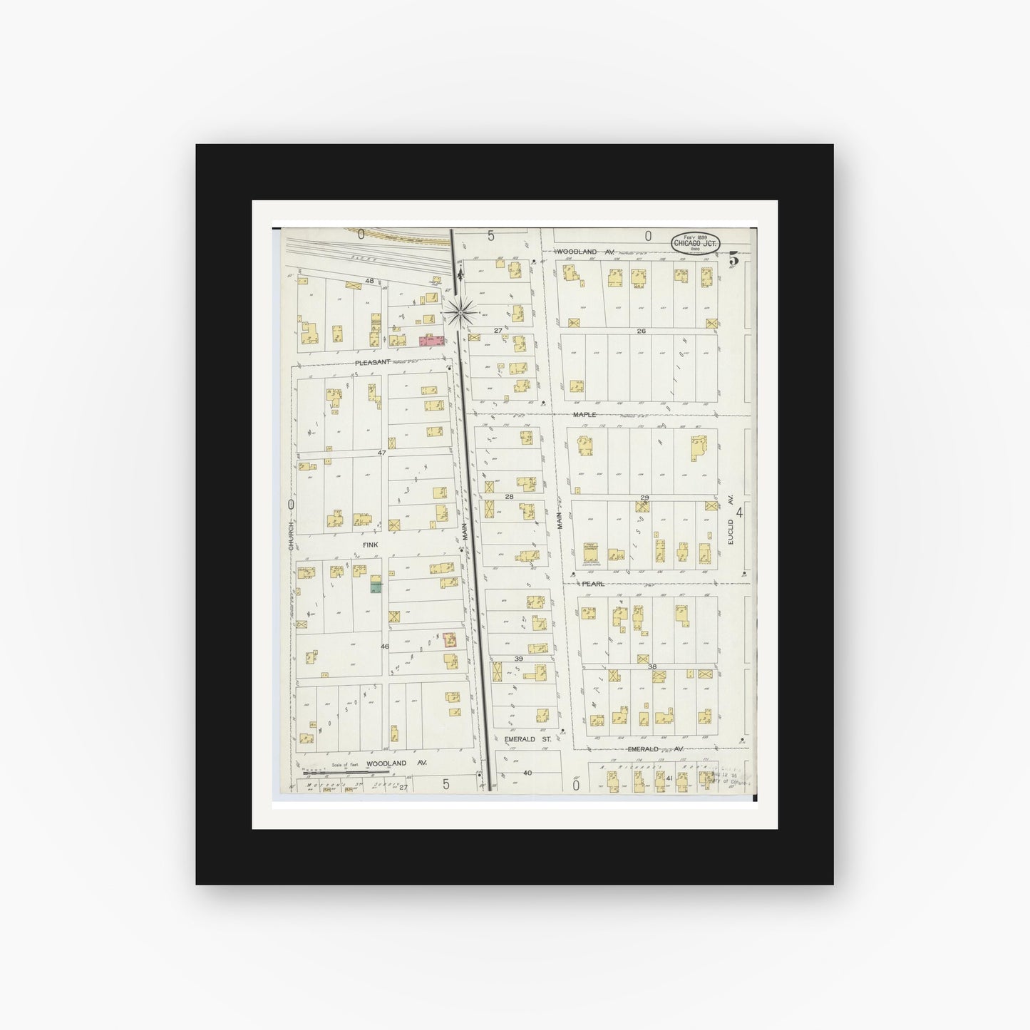 Old map wall art mockup — black gallery frame with white mat — Sanborn Fire Insurance Map from Chicago Junction, Huron County, Ohio (1899), Sheet #0005