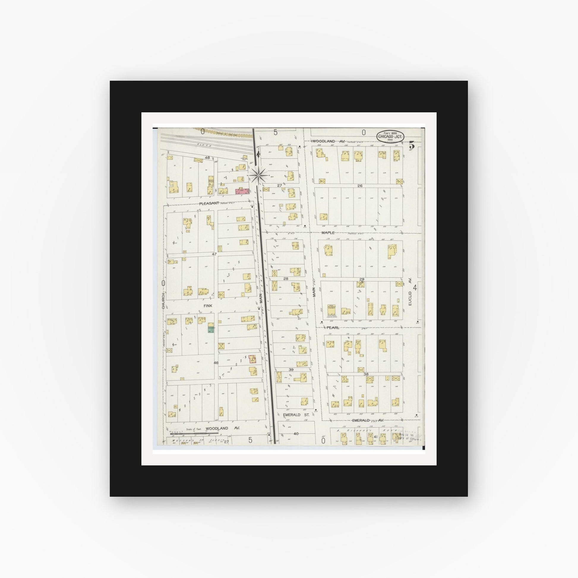 Old map wall art mockup — black gallery frame with white mat — Sanborn Fire Insurance Map from Chicago Junction, Huron County, Ohio (1899), Sheet #0005