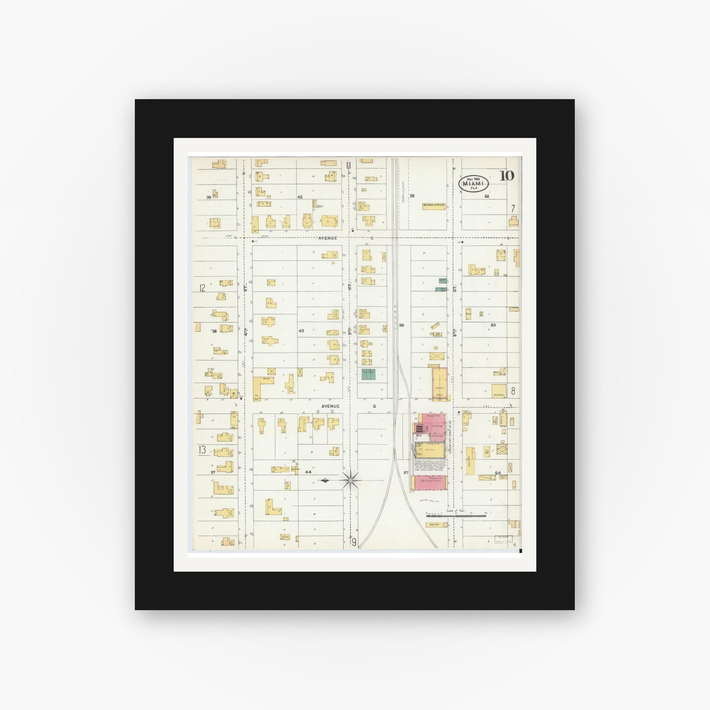 Old map wall art mockup — black gallery frame with white mat — Sanborn Fire Insurance Map from Miami, Dade County, Florida (1906), Sheet #0010