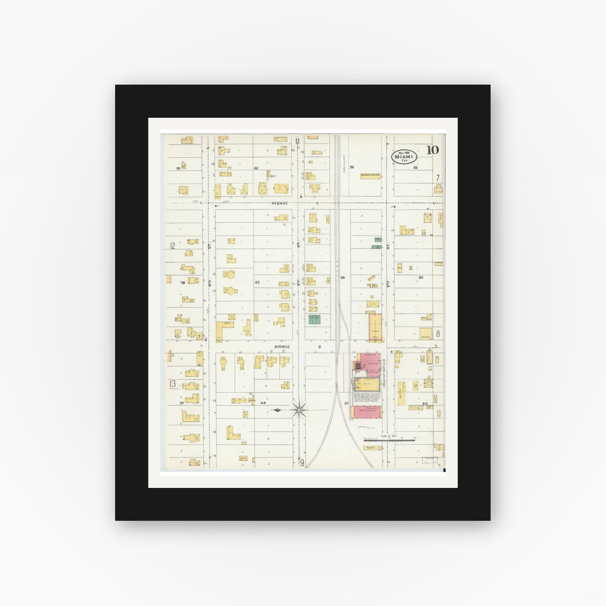 Old map wall art mockup — black gallery frame with white mat — Sanborn Fire Insurance Map from Miami, Dade County, Florida (1906), Sheet #0010