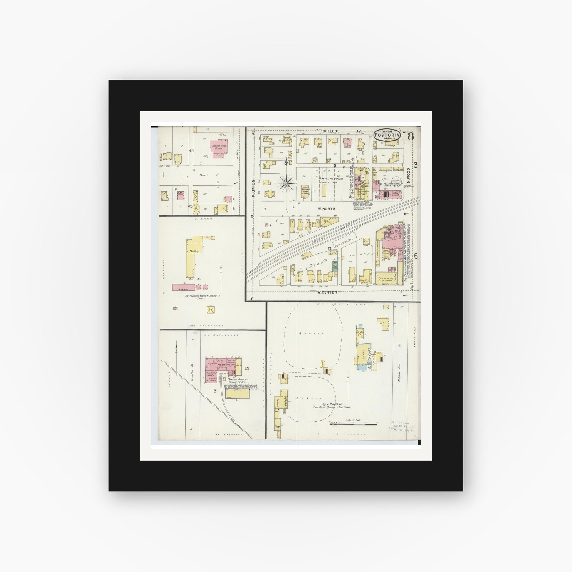 Old map wall art mockup — black gallery frame with white mat — Sanborn Fire Insurance Map from Fostoria, Seneca, Hancock, And Wood Counties, Ohio (1896), Sheet #0008