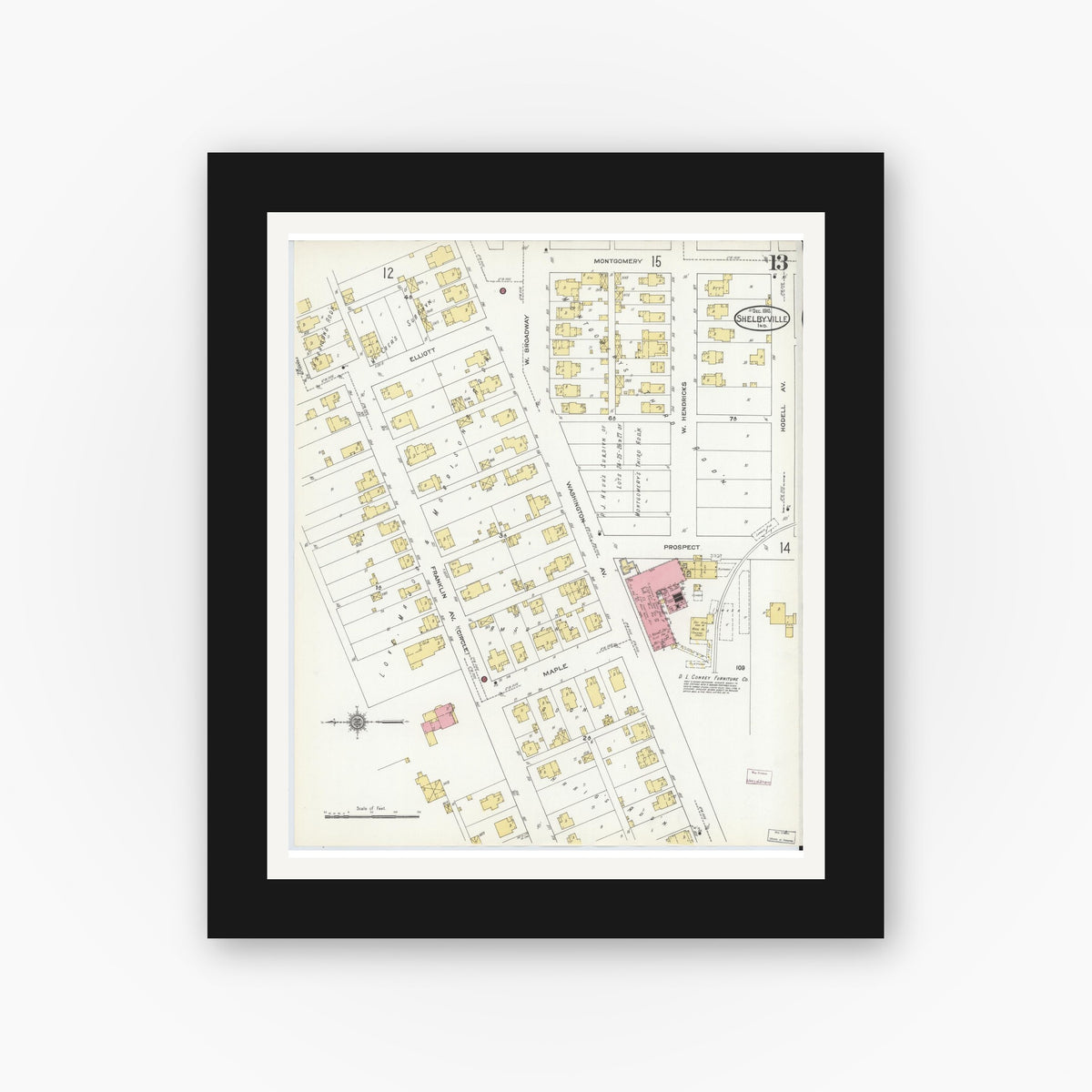 Old map wall art mockup — black gallery frame with white mat — Sanborn Fire Insurance Map from Shelbyville, Shelby County, Indiana (1910), Sheet #0013