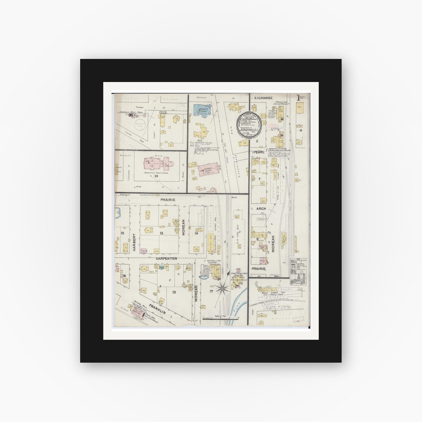 Old map wall art mockup — black gallery frame with white mat — Sanborn Fire Insurance Map from Jerseyville, Jersey County, Illinois (1889) - Complete Map Set