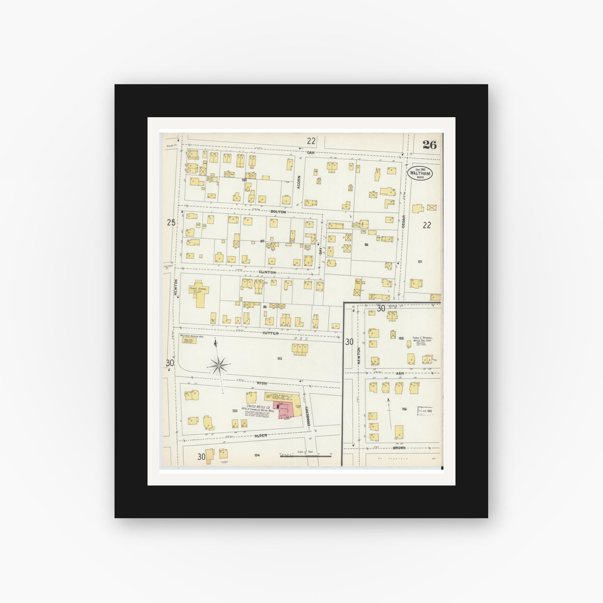 Old map wall art mockup — black gallery frame with white mat — Sanborn Fire Insurance Map from Waltham, Middlesex County, Massachusetts (1903), Sheet #0026