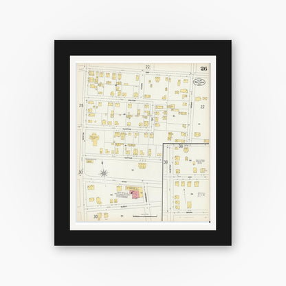 Old map wall art mockup — black gallery frame with white mat — Sanborn Fire Insurance Map from Waltham, Middlesex County, Massachusetts (1903), Sheet #0026